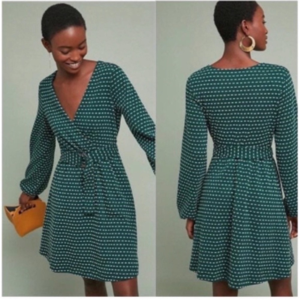 Maeve Anthropologie Malta Dress Size XS Green Mini Faux Wrap Belted Tie